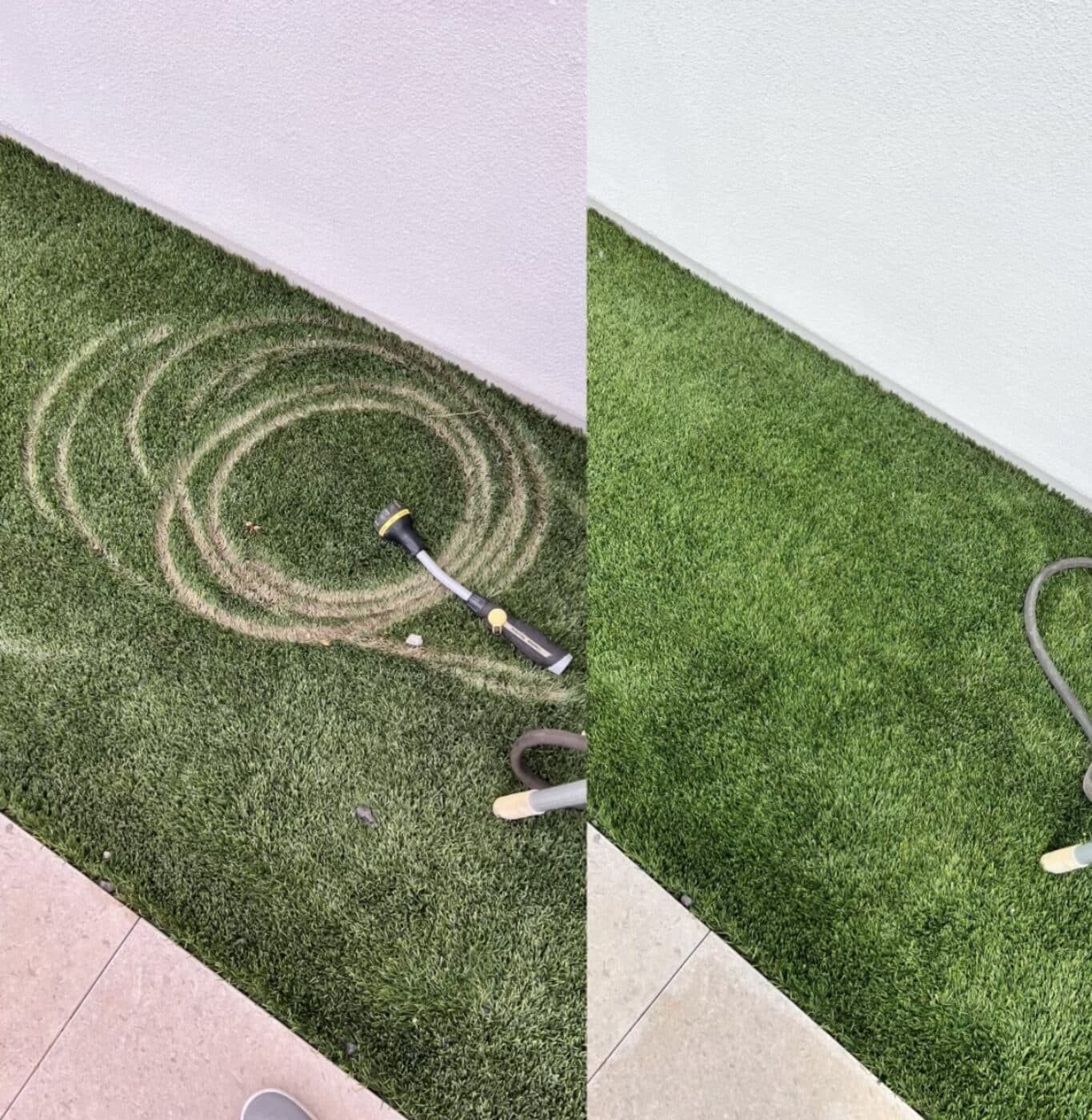 Artificial turf before and after power brushing